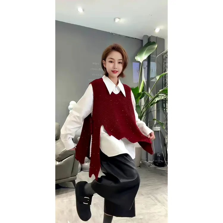 满天星不规则扣子针织马甲欧货V领宽松叠穿背心马甲