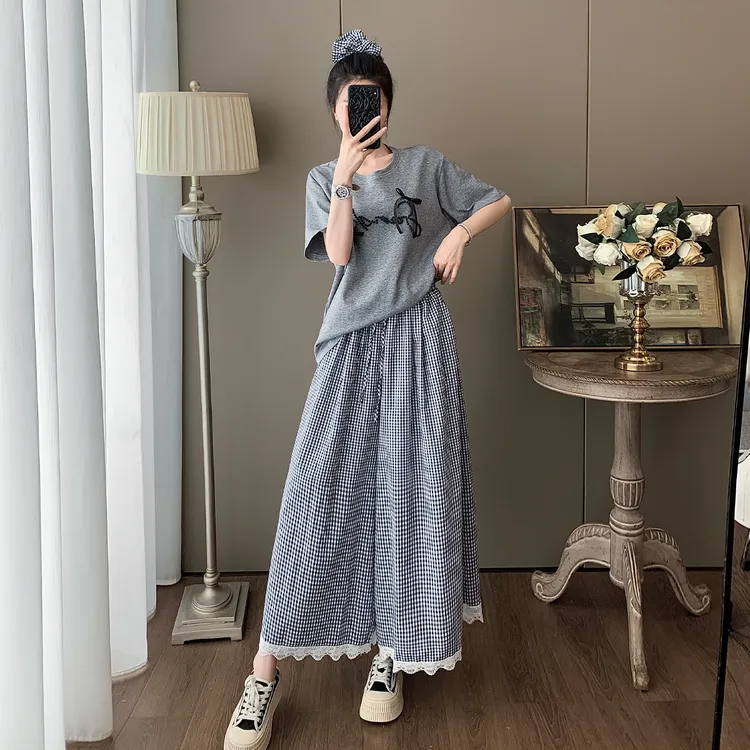 宽松休闲套装女2025夏季新款显瘦洋气韩版短高腰袖阔腿裤两件套