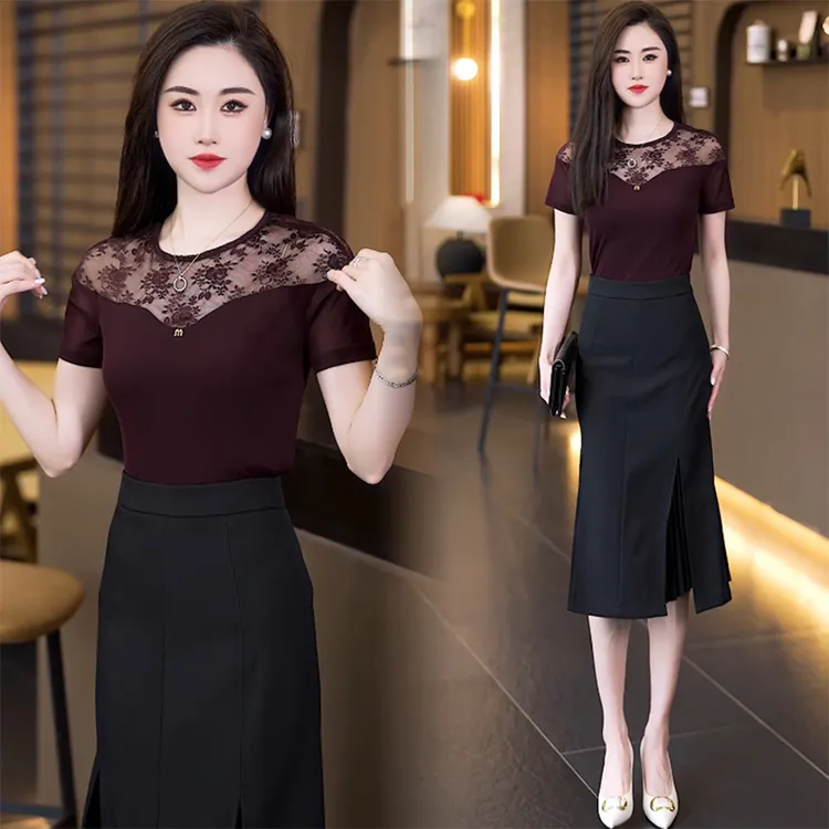  设计感女装圆领短袖t恤女2025新款洋气百搭中年女士显瘦打底上衣