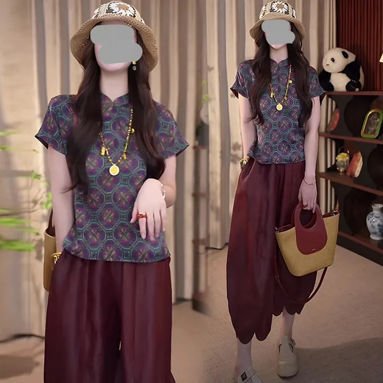 新中式印花上衣裤子两件套2025夏季新款国风设计感花边精致套装潮