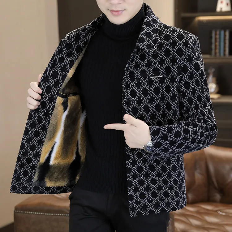 男士毛呢外套休闲短款呢子大衣韩版帅气潮流高档中年加绒加厚夹克