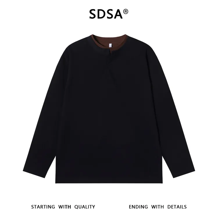 SDSA男士秋冬新款痞帅男装韩版撞色假两件长袖T恤半纽扣设计宽松