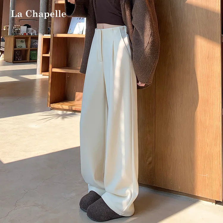 拉夏贝尔白色窄版阔腿裤女秋冬加绒高腰显瘦毛呢西装裤休闲直筒裤
