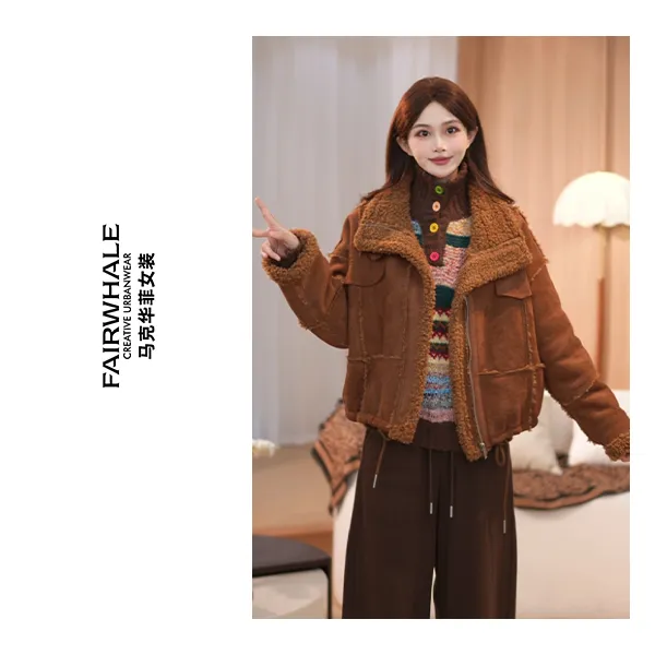 马克华菲麂皮绒皮毛一体毛毛外套秋冬款外穿轻奢风女FW25H731 qq