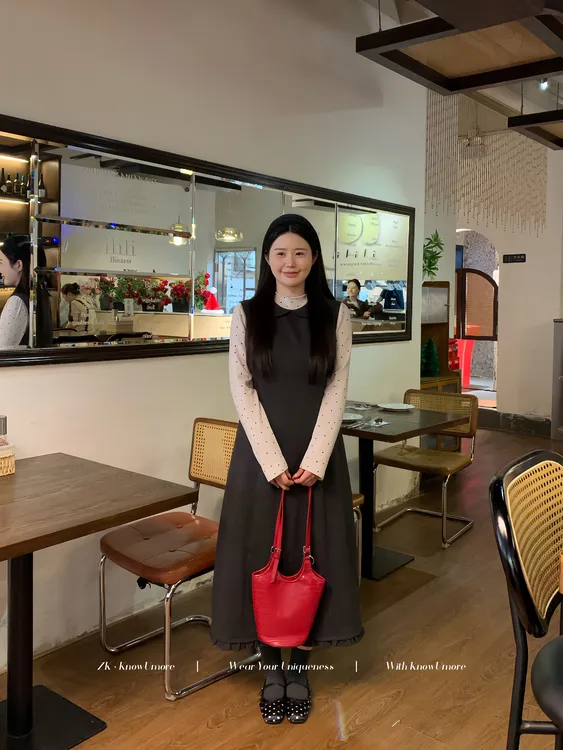 知葵微胖定制【安妮霍尔】秋冬miu系波点印花T叠穿连衣裙套装L7660