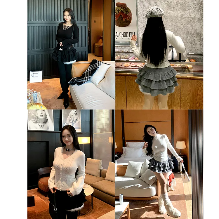 肉装小cherry 香颂可丽 微胖重工拼接多层蛋糕裙女梦幻毛呢半身裙