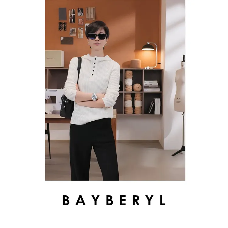 BAYBERYL老贝竖坑条显瘦连帽时尚百搭羊毛秋针织衫ZZS5G2403-10/2