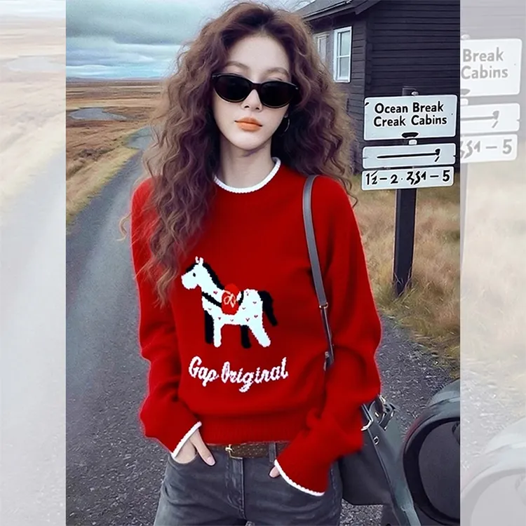 独特漂亮红色小衫打底毛衣女装秋冬季穿搭针织衫洋气高贵刺绣上衣