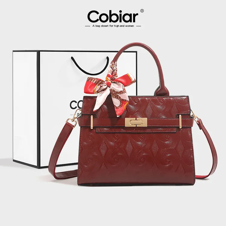 Cobiar真皮红色新娘包包女2025新款轻奢结婚手提包复古百搭铂金包