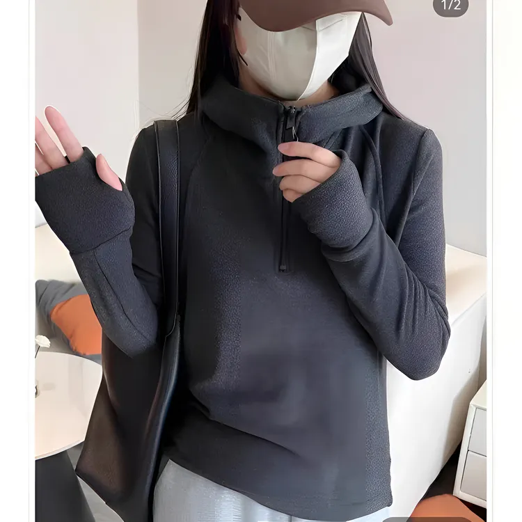 双面德绒连帽衫卫衣女春秋冬季加绒加厚套头半拉链外套打底衫上衣