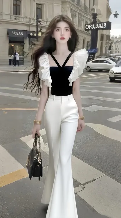 法式高腰夏季显瘦新款辣妹纯欲氛围感性感收腰时尚白色上衣长裤