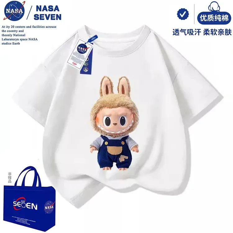 NASA联名夏季新款卡通可爱拉布布labubu休闲短袖宽松学生圆领T恤