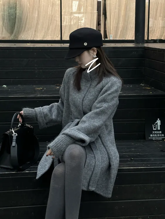 R123366W翻领毛呢外套女加厚百搭中长款秋冬韩版插肩袖冬季