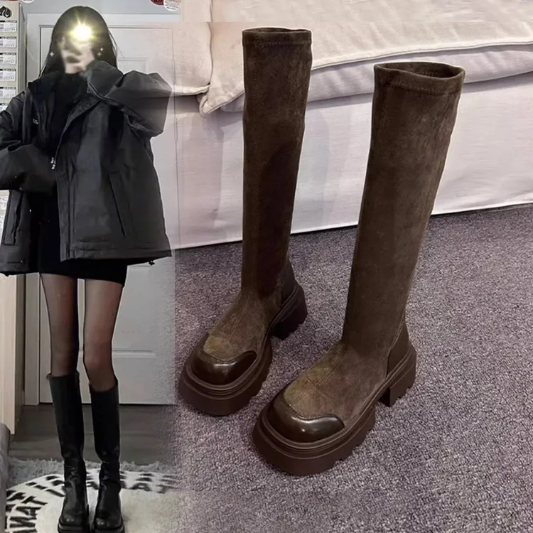 啄木鸟厚底长筒靴女2025秋季新款英伦风复古绒面瘦瘦靴长靴弹力靴