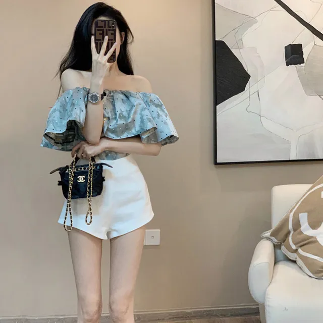 抹胸一字肩荷叶边上衣女高级感小众独特别致夏款露肩短款蓝色衬衫