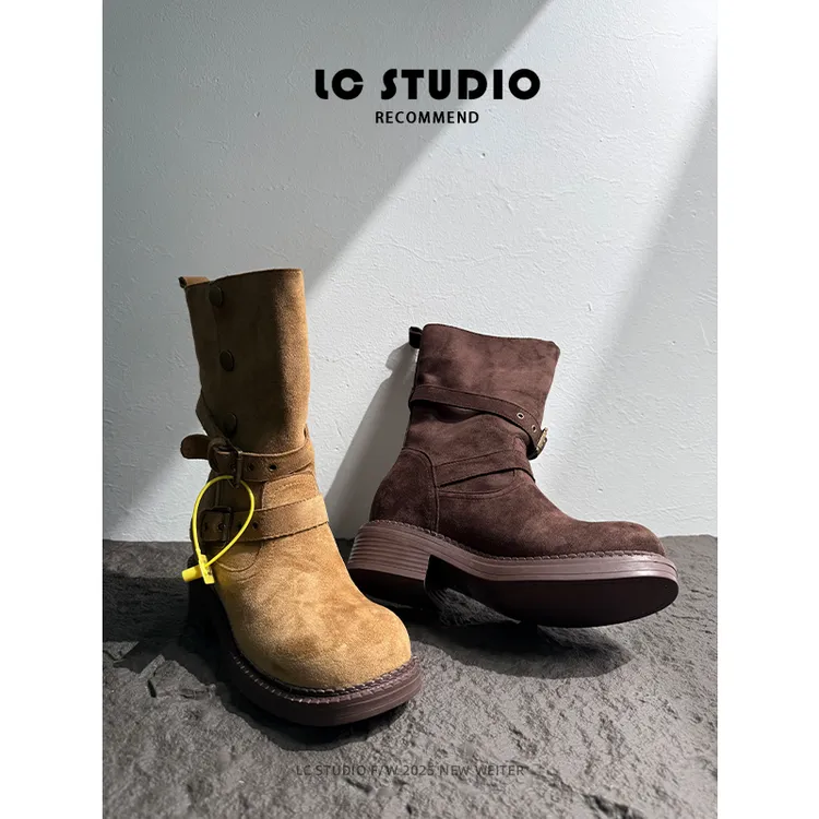 【老曹说鞋】厚底西部短靴女2025年新款复古棕色马丁靴皮带扣中筒靴