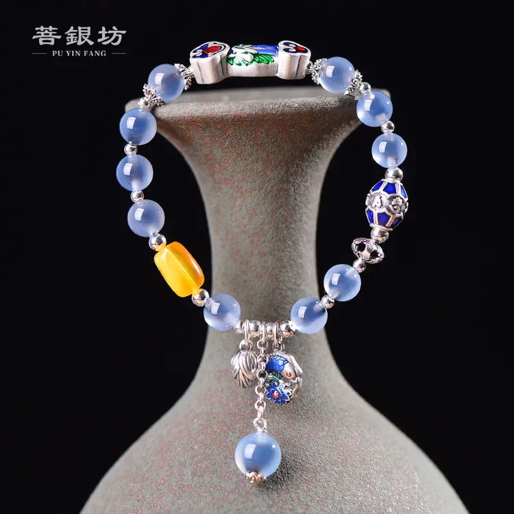 足银珐琅手链 【菩银坊】如意路路通赛里木湖蓝糖心手链 气质