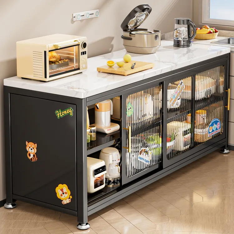 真岩板餐边柜推拉门防尘厨房置物架落地多层碗柜微波炉锅具收纳柜