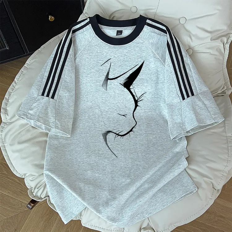 特大码300斤韩系卡通休闲时尚三条杠短袖t恤男女夏季宽松显瘦上衣