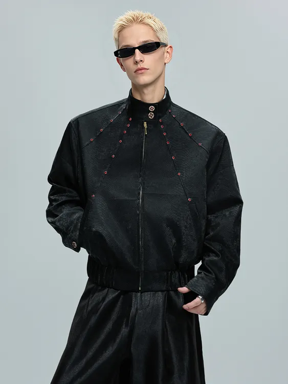 蟒蛇纹理感pu皮衣男款短款垫肩宝石立领夹克男 秋季宽松痞帅外套