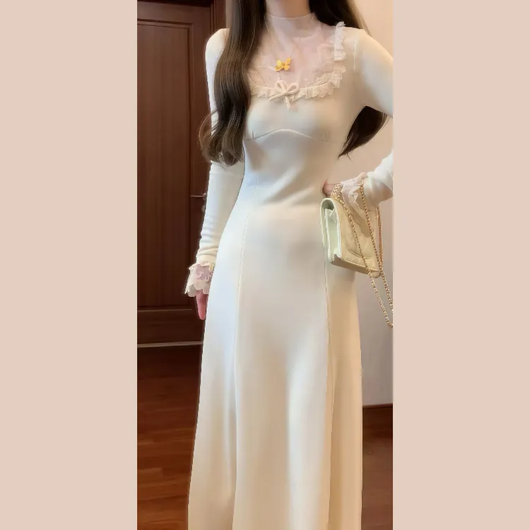【现货+运贴5米】高级感法式白色针织连衣裙子女秋冬季2025新款9479
