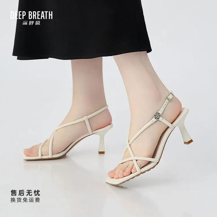 DEEP BREATH深呼吸女鞋方头细跟简约条带通勤露趾高跟凉鞋AX14112