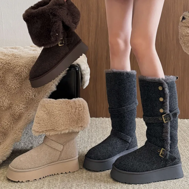 贾不假雪地靴女款2025秋冬季新款保暖厚底绒里棉靴百搭两穿长筒靴