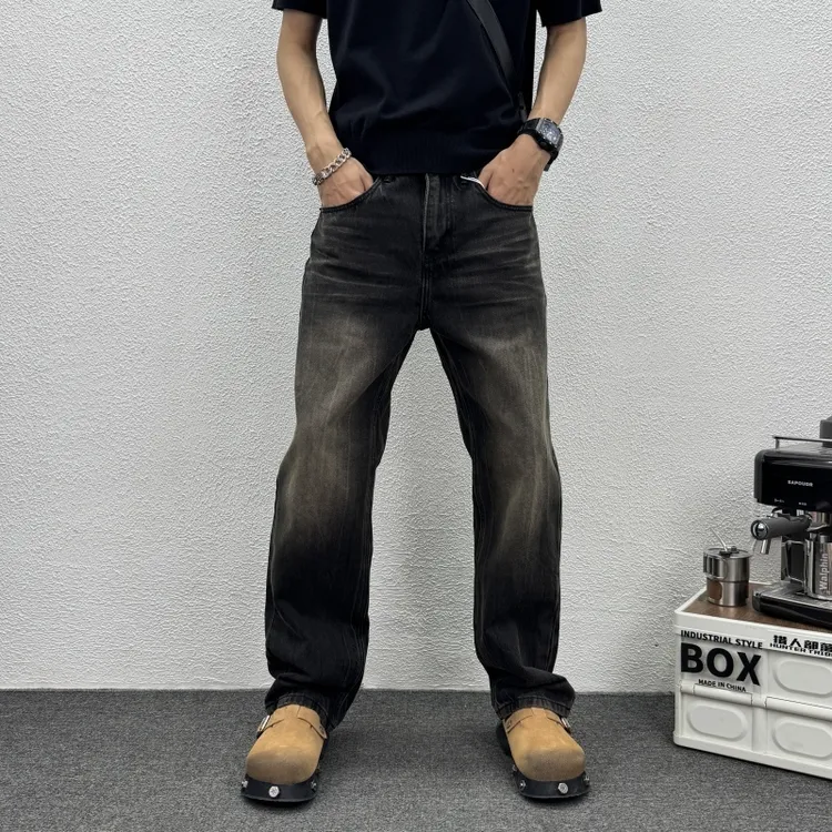 宽松直筒水洗做旧纯色牛仔裤2025秋季新款男士百搭时尚休闲长裤子