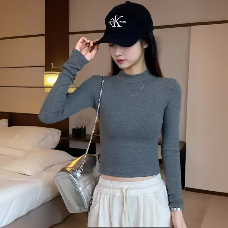 秋冬新款半高领加绒显瘦内搭黑色女长袖打底衫紧身洋气短款上衣潮