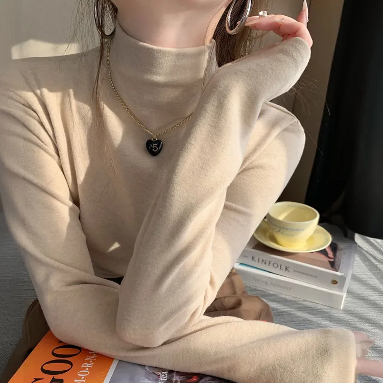 德绒半高领打底衫女内搭秋冬季2025新款燕麦色高级感长袖修身上衣