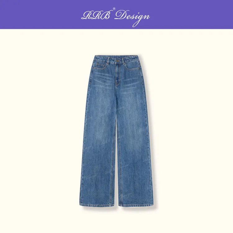RRB Design 「旧时光」重工水洗怀旧百搭阔腿长裤显瘦后开叉牛仔裤