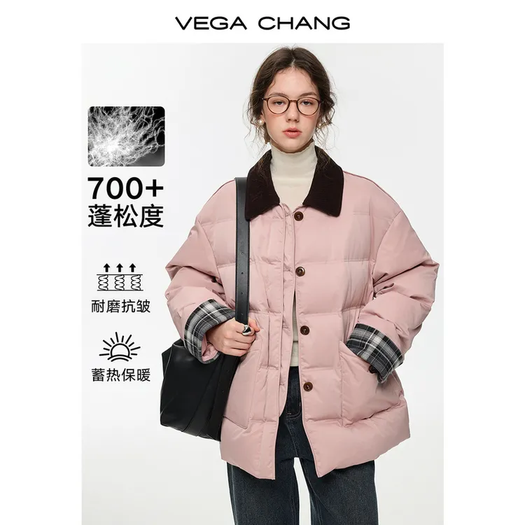 VEGA CHANG【柔粉格趣】撞色复古90安心绒短款羽绒服冬新款0036JJ