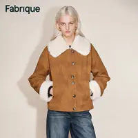 Fabrique Flora秋冬新品琥珀金棕毛领雾面磨砂环保皮夹克棉服外套