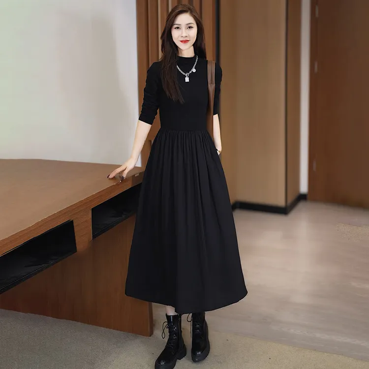 拉夏贝尔春秋新款时尚连衣裙女黑色长袖半高领大衣打底长裙子潮
