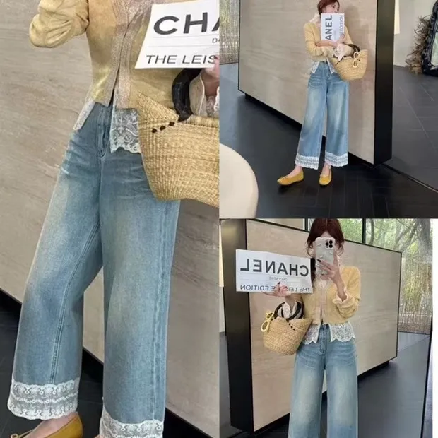 高腰直筒九分牛仔裤女蕾丝拼接裤脚春秋休闲显瘦