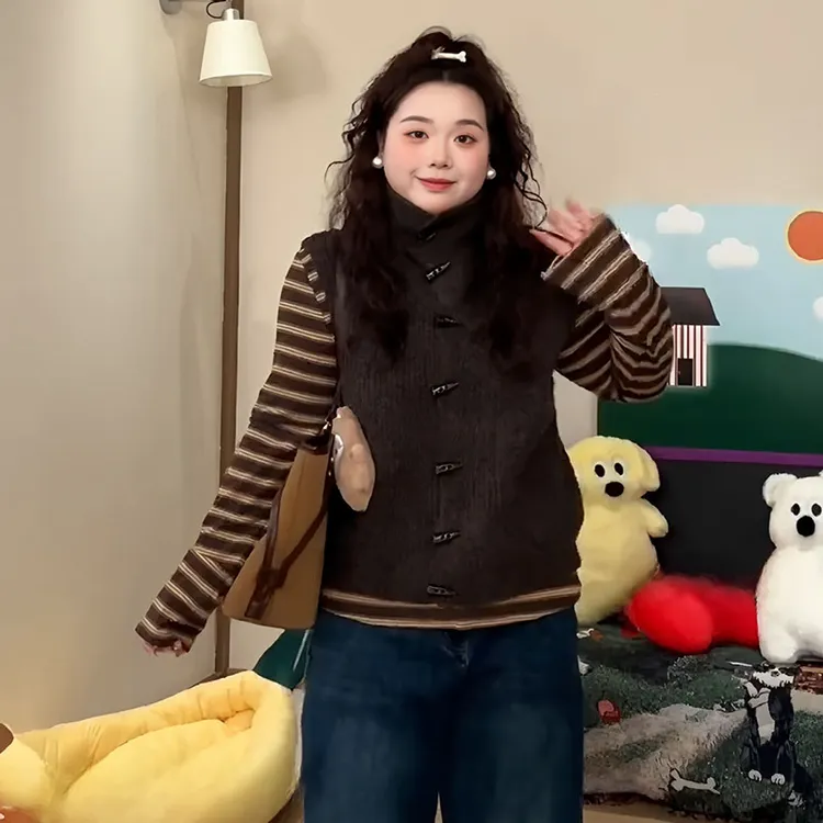 大码叠穿套装条纹打底衫马甲外套两件套女胖mm秋冬显瘦穿搭一整套