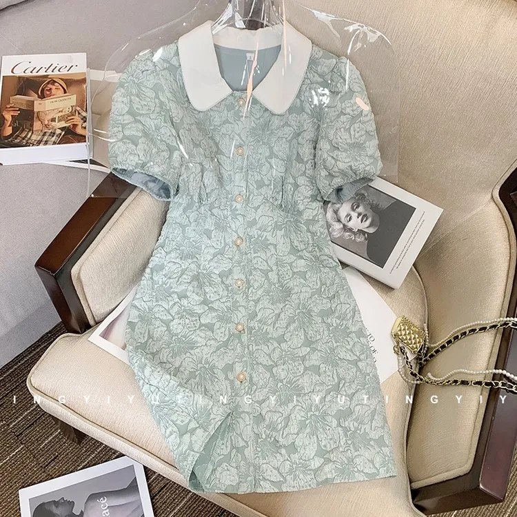 法式气质高级感提花连衣裙女2025夏新款流行爆款泡泡袖绝美茶歇裙