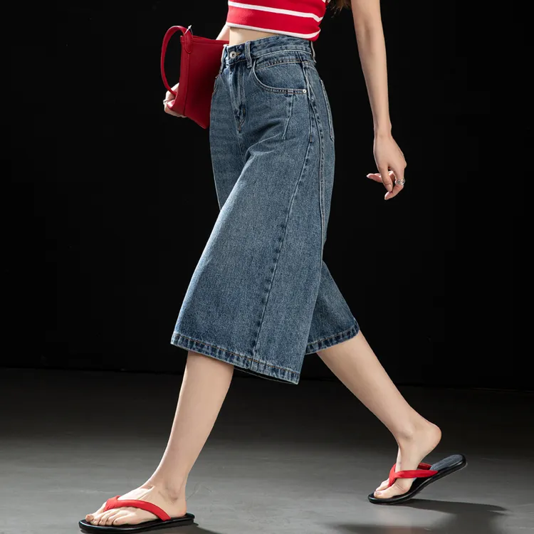 美式复古蓝六分直筒牛仔裤女小个子高腰宽松过膝阔腿中裤子七分裤