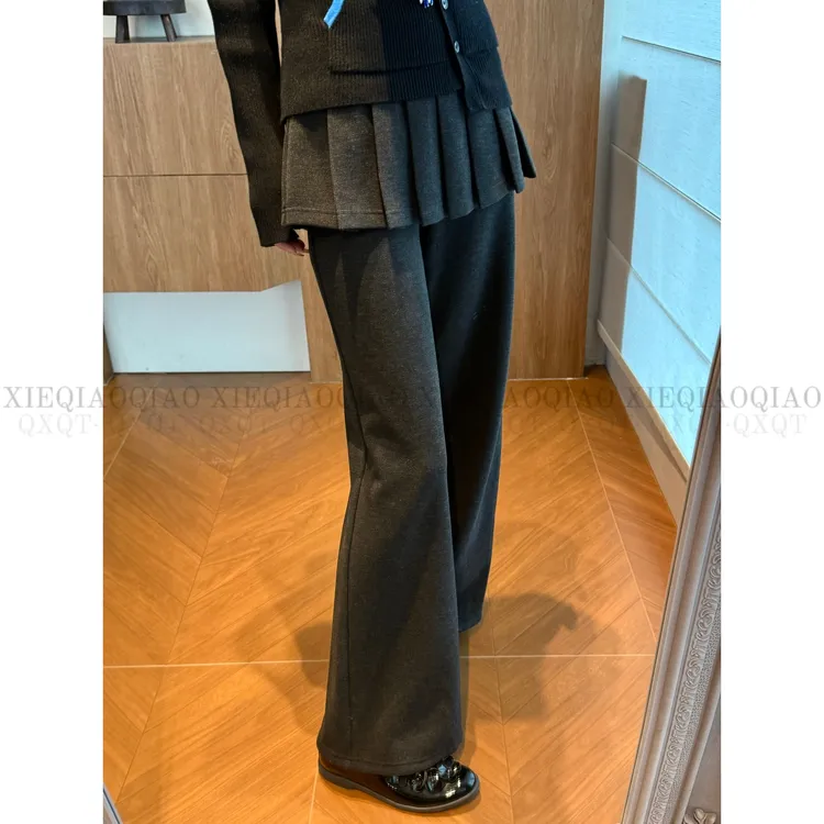 谢荞荞「长腿酷盖」绵羊毛秋冬季款拼接花边皮帘加绒厚款阔腿休闲裤