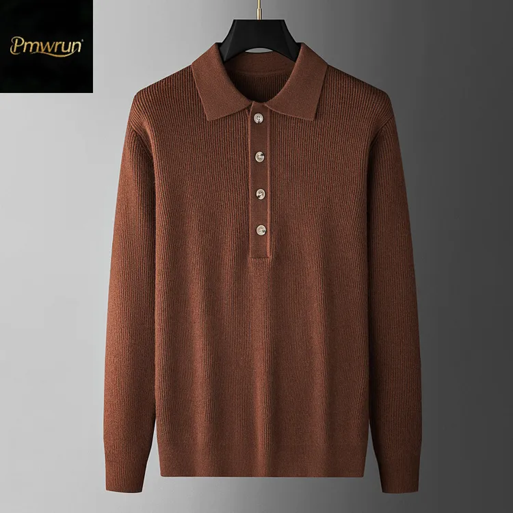 秋冬老钱风纯色绵羊毛衣12针细条纹男士复古翻领门童扣针织衫毛衣