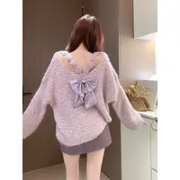 2025早秋新款小香风毛衣女大V领长袖重工亮片蝴蝶结装饰针织毛衫