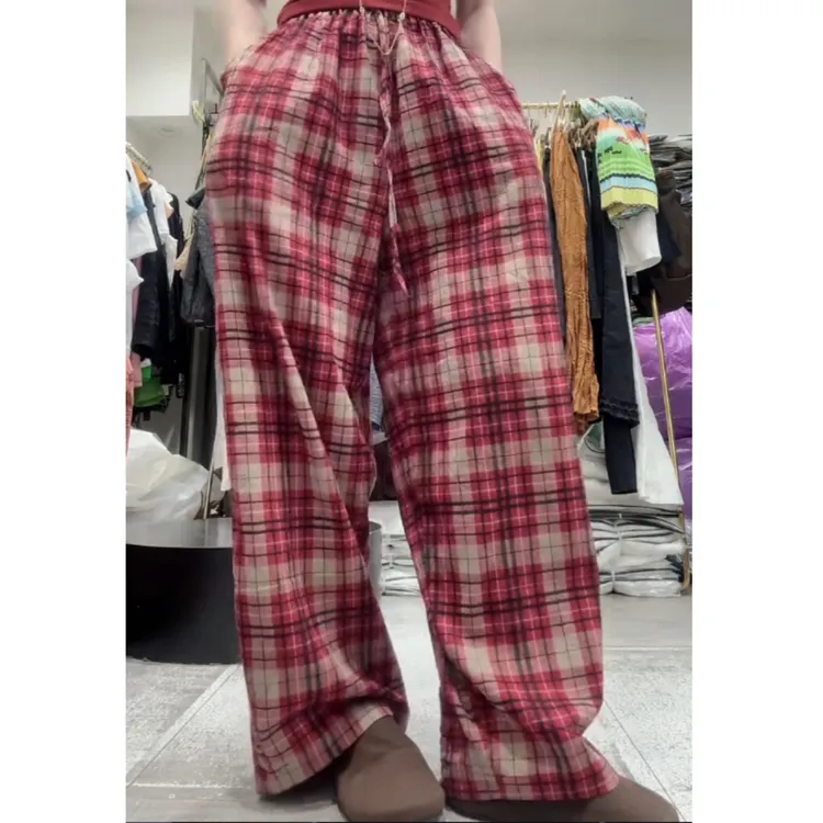 2025早秋新款高腰显瘦阔腿时尚撞色格纹阔腿裤