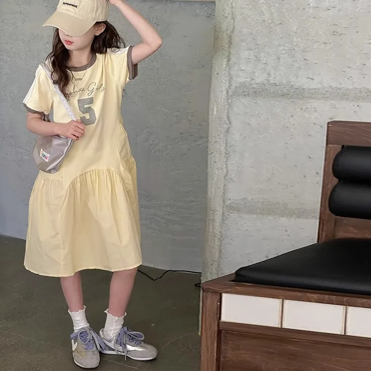 儿童连衣裙夏季2025新款小女孩黄色拼接T恤裙子学院风收腰薄衣服