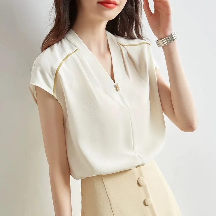 V领短袖雪纺衫洋气减龄女2025夏季新款韩版别致通勤套头直筒上衣