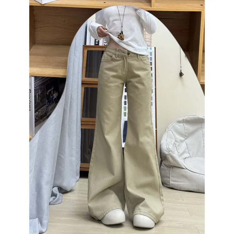 美式复古卡其色微喇牛仔裤女秋季新款宽松直筒阔腿拖地梧桐长裤子