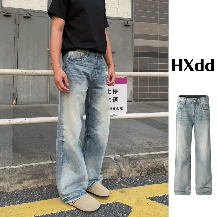 黑熊的店美式复古vintage水洗直筒浅蓝色牛仔裤男女宽松长裤0033