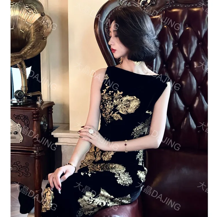 【大晶定制】“乱世繁花”轻奢高端丝绒女装气质时尚长款连衣裙
