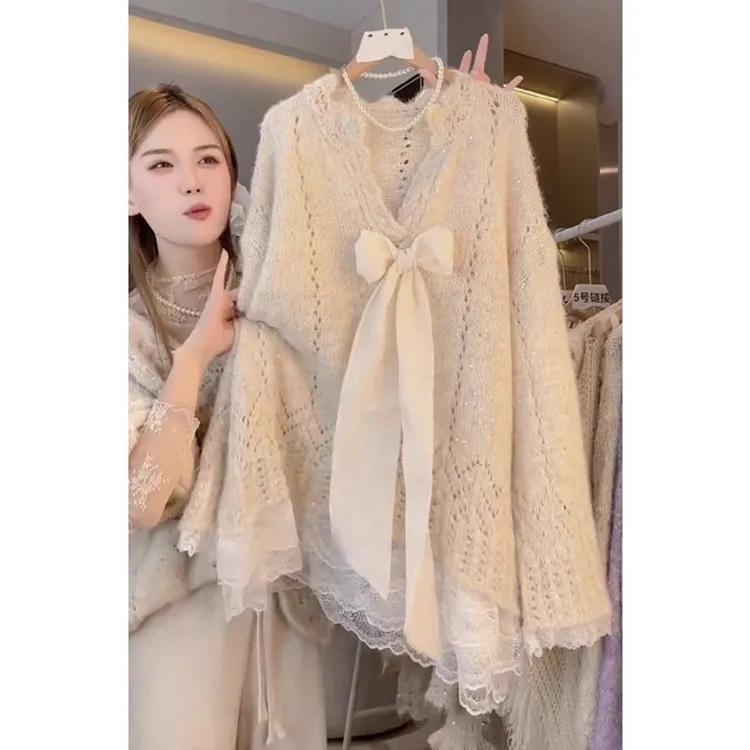 法式重工蕾丝拼接蝴蝶结v领镂空针织衫毛衣女秋季高级感上衣