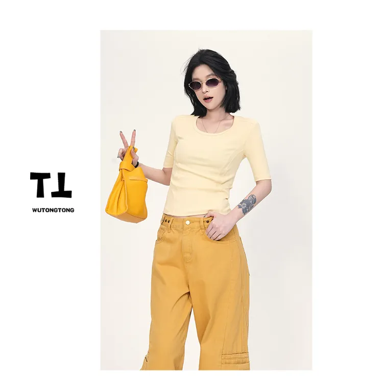 吴童童现货【胡桃云】夏季中袖T恤衫女百搭休闲半袖体恤62111