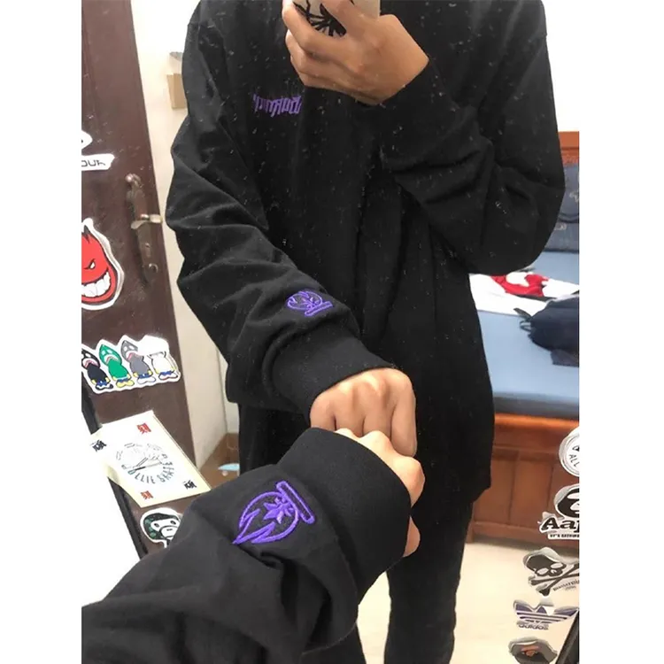 burnin小火苗刺绣卫衣男秋季潮牌小领口长袖t恤袖口情侣打底上衣